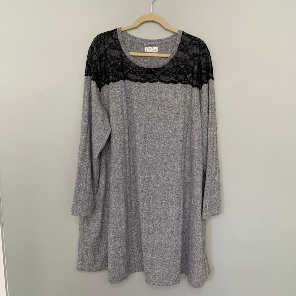 NEW Maurices 24/7 Gray Ribbed Lace Yoke‎ Long Sleeve Knee Length Dress 3X